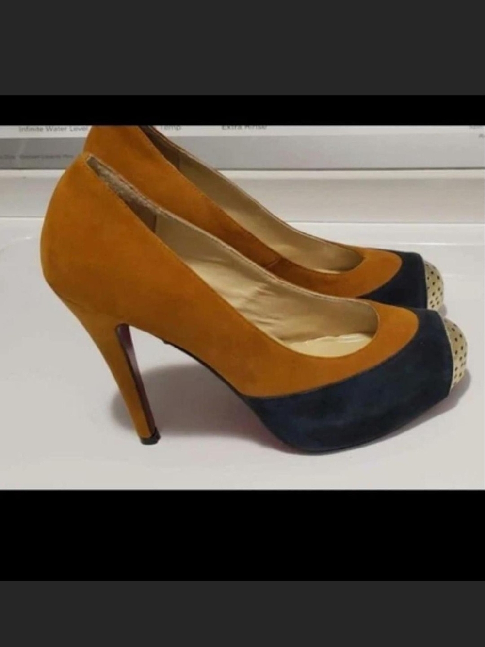 Christian Louboutin Two-Tone Suede Peep-Toe Pumps in Mustard & Navy